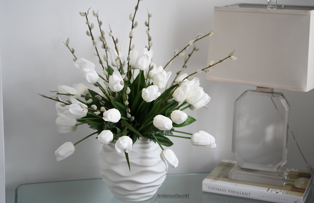 1bWhiteTulipArrangementLW Real Touch White Tulip & Pussy Willow Arrangement