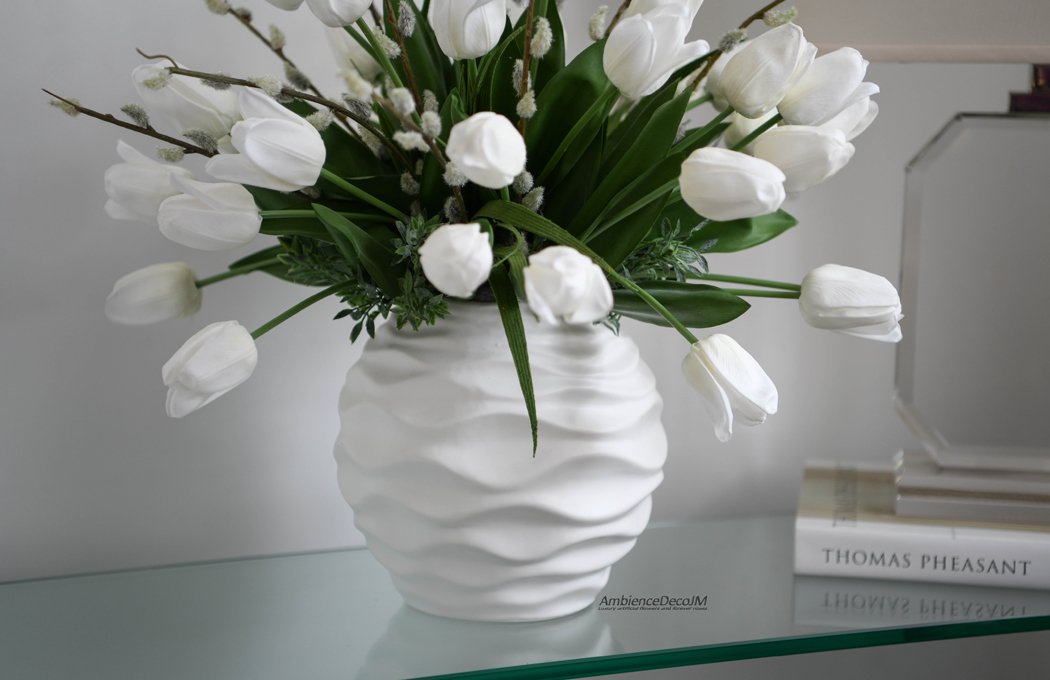 1cWhiteTulipArrangementLW Real Touch White Tulip & Pussy Willow Arrangement
