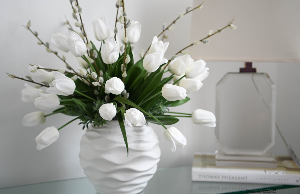 1eWhiteTulipArrangementLW Real Touch White Tulip & Pussy Willow Arrangement