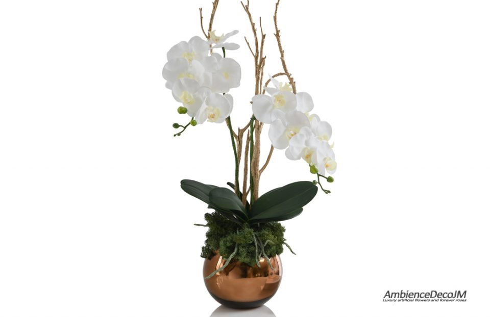 real touch orchids in gold fishbowl