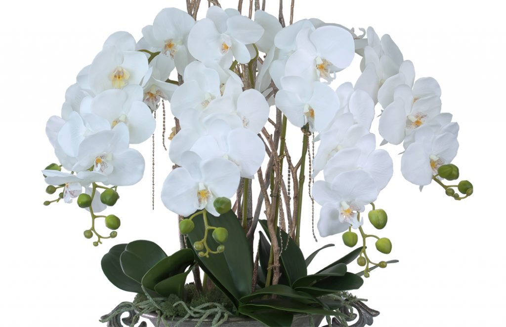 Large artificial orchids centerpiece in a gold bowl | Preserved Floral