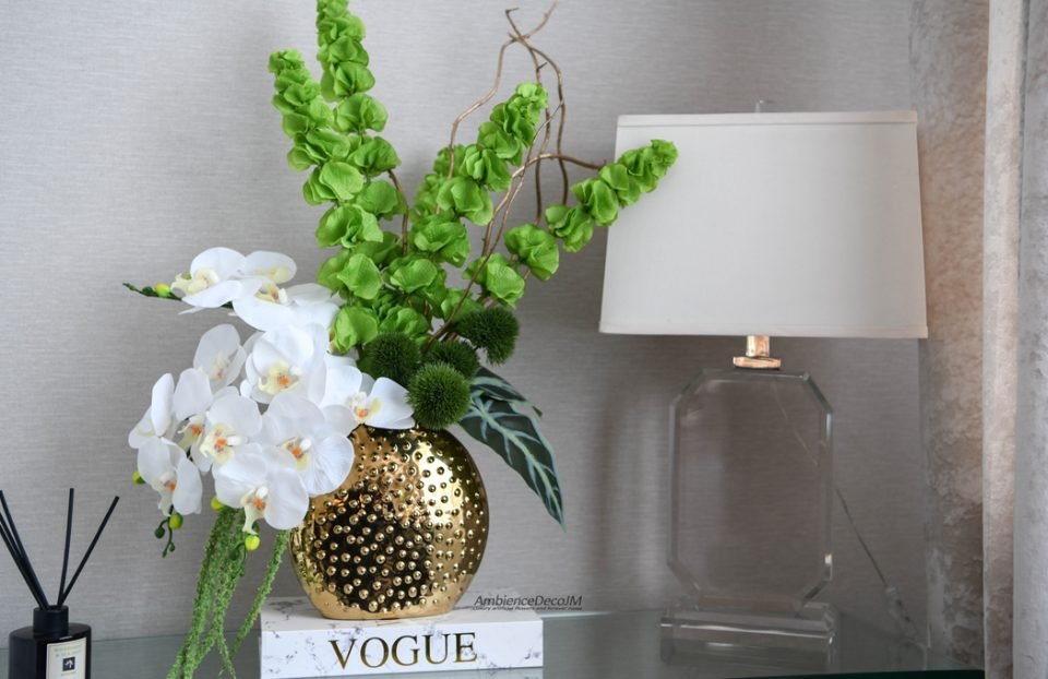 Grand luxury white real-touch orchid and green Bells of Ireland arrangement in a textured gold studded vase by AmbienceDecoJM