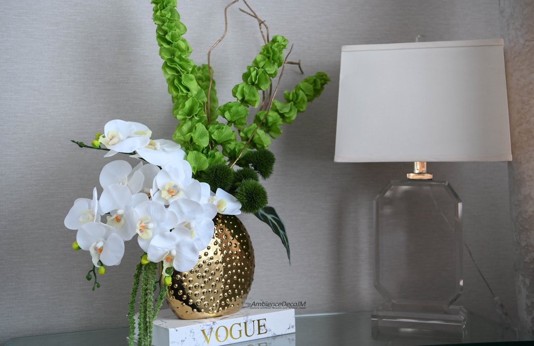 Grand luxury white real-touch orchid and green Bells of Ireland arrangement in a textured gold studded vase by AmbienceDecoJM
