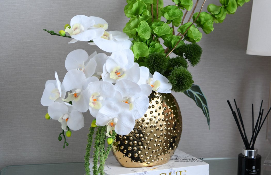 Grand luxury white real-touch orchid and green Bells of Ireland arrangement in a textured gold studded vase by AmbienceDecoJM
