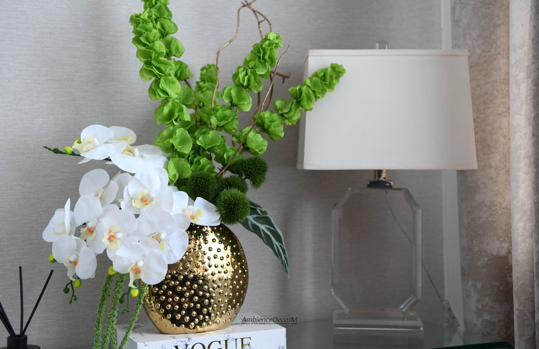 Grand luxury white real-touch orchid and green Bells of Ireland arrangement in a textured gold studded vase by AmbienceDecoJM