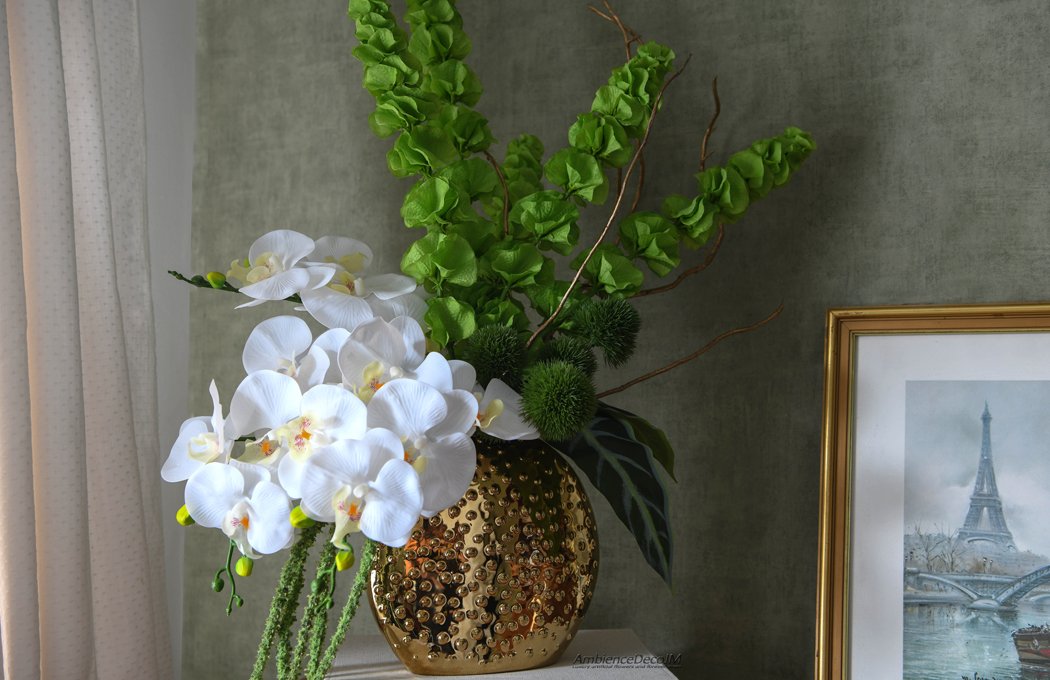 Grand luxury white real-touch orchid and green Bells of Ireland arrangement in a textured gold studded vase by AmbienceDecoJM