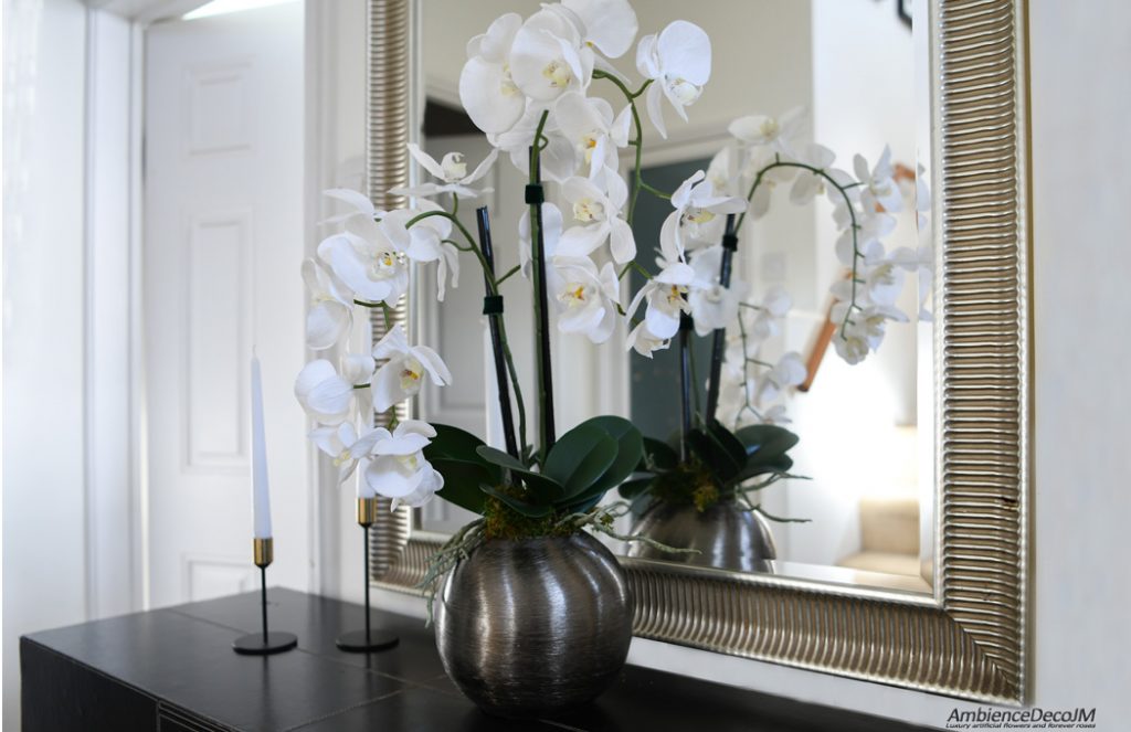 Orchids in a silver metal bowl | Preserved Floral Arrangements & Silk ...