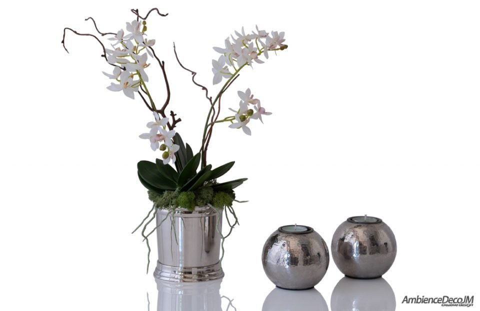 Artificial pixie orchid in silver goblet