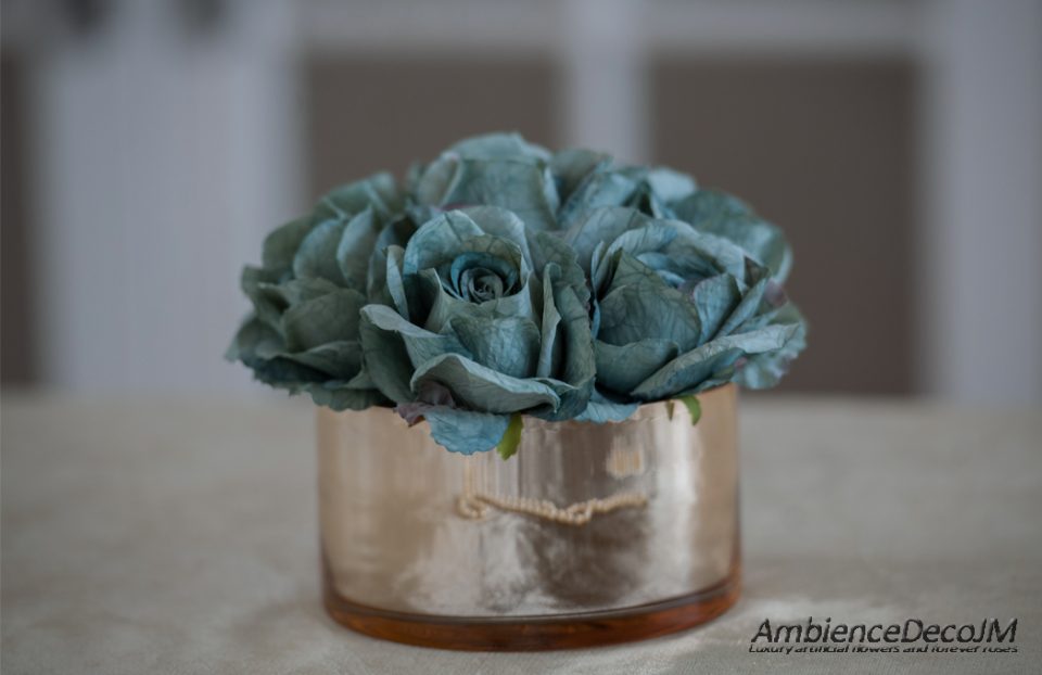 Turquoise blue silk rose centerpiece