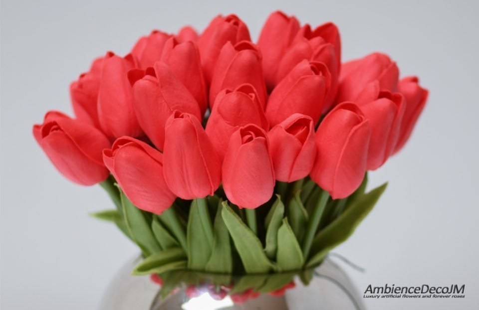 Real touch red tulips centerpiece