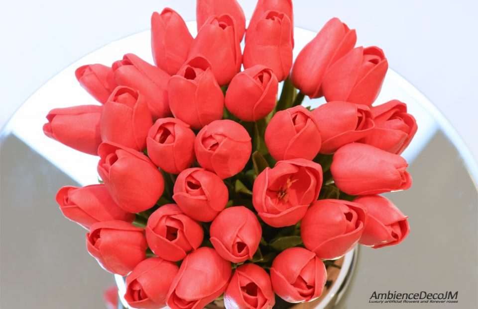 Real touch red tulips centerpiece