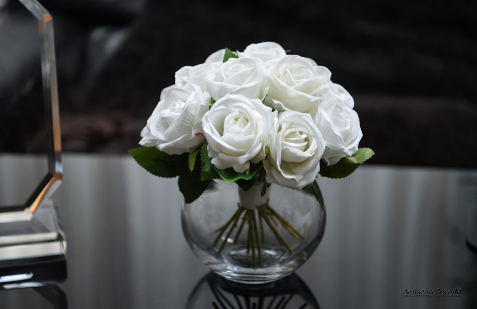 Small faux white rose centrepiece