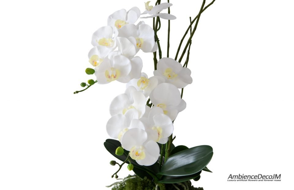 Lifelike orchids in a silver fishbowl