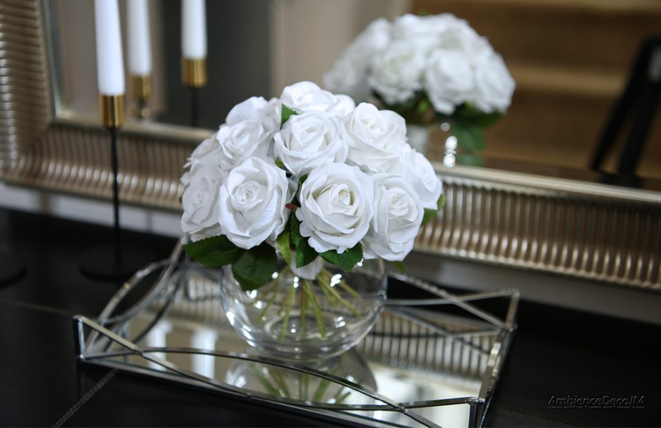 Small faux white rose centrepiece