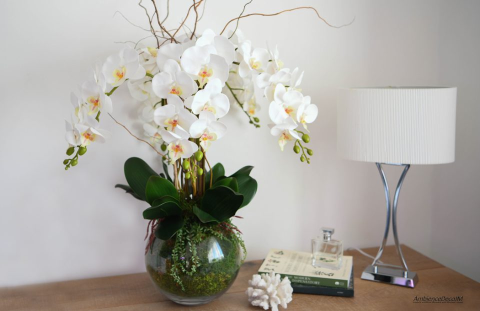 Orchid arrangement in fishbowl with moss
