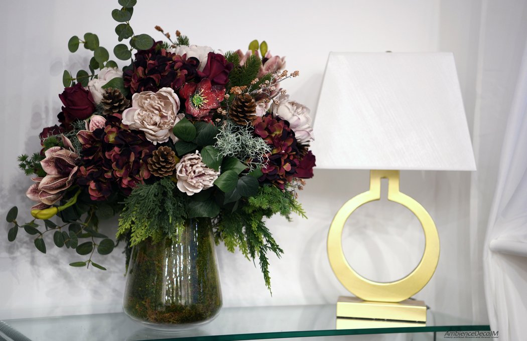 1bburgundyChristmasflowerarrangementLW Large Burgundy Christmas Arrangement