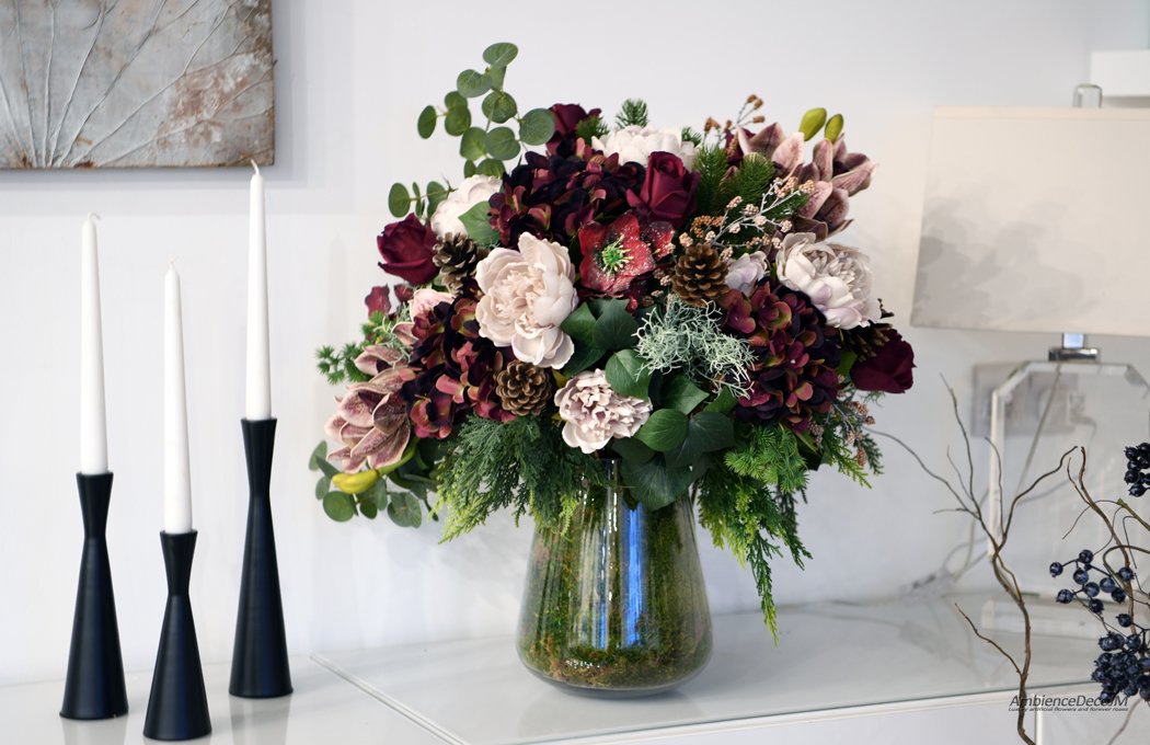 1eburgundyChristmasflowerarrangementLW Large Burgundy Christmas Arrangement