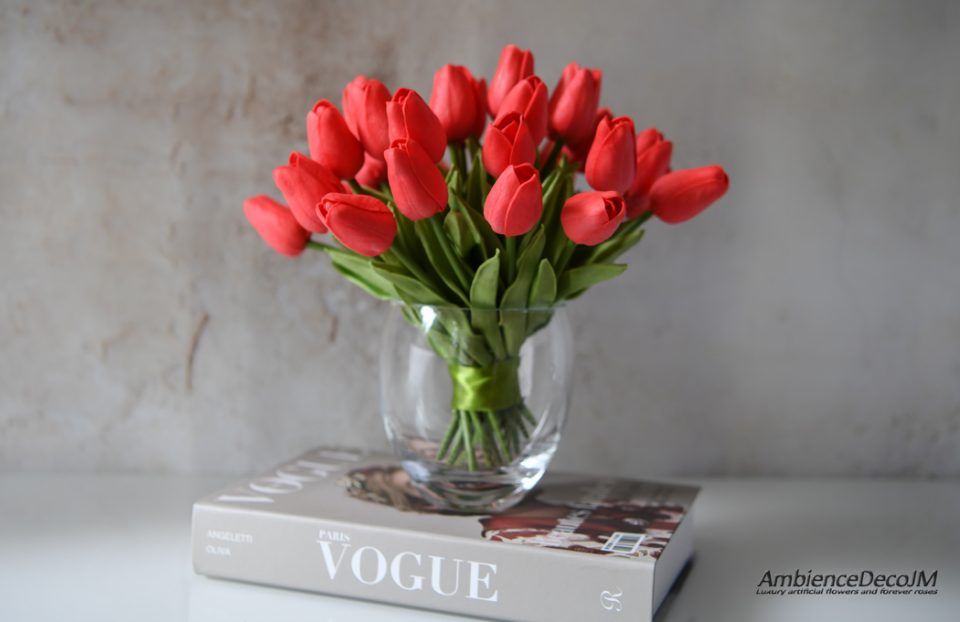 Real touch Red Tulips in a vase