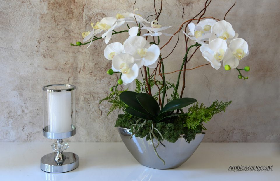 Artificial orchid arrangement for console table