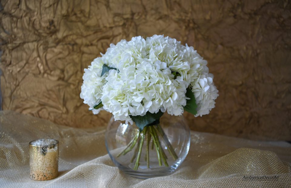 Silk hydrangea arrangement in vase