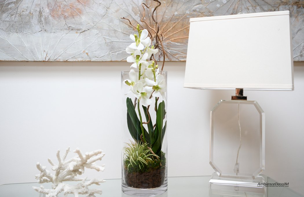 Vanda orchids in cylinder vase