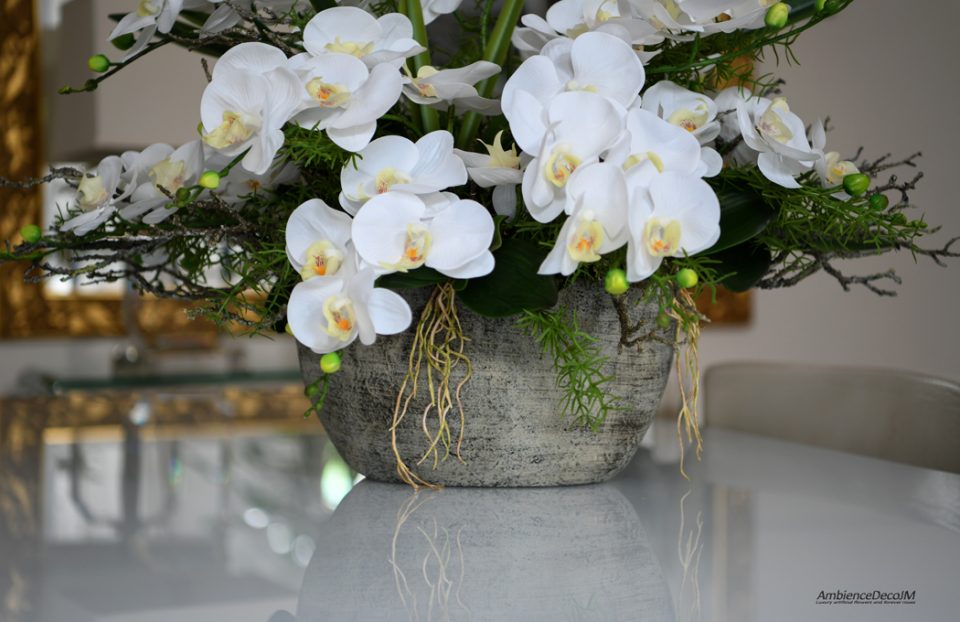Dining table orchid arrangement