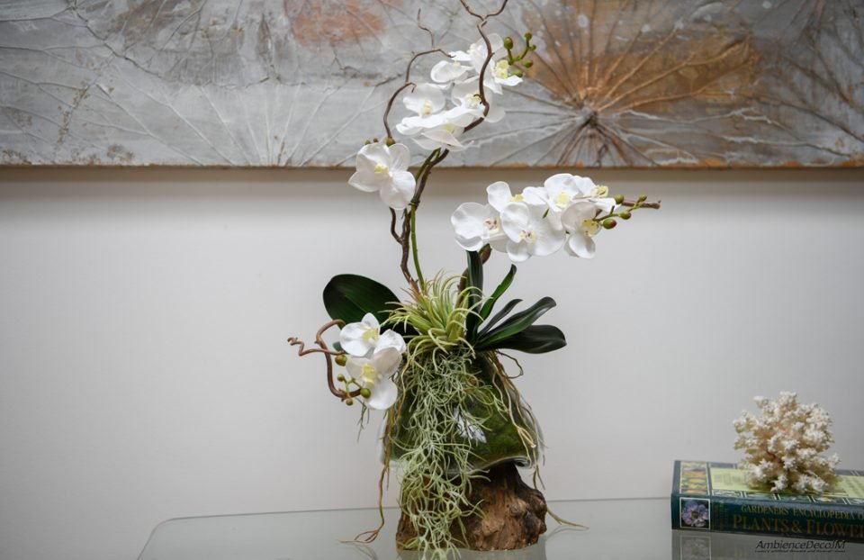 Orchids in a molten glass vase