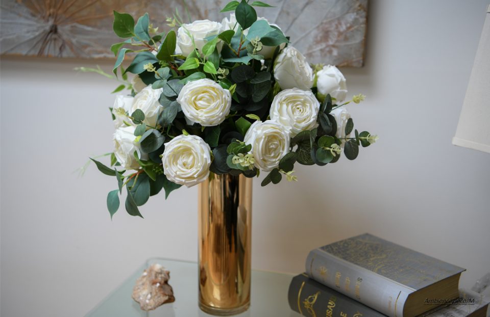 Faux Austin Roses in a gold vase