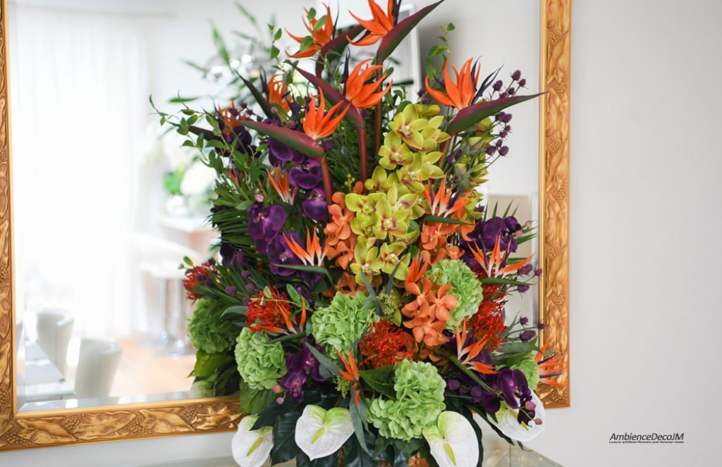 Faux Strelitzia Tropical Flower Pedestal Preserved Floral Arrangements & Silk Flowers
