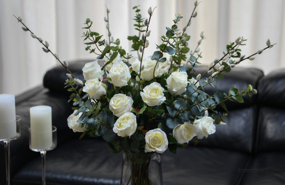 Roses with eucalyptus and pussy willow
