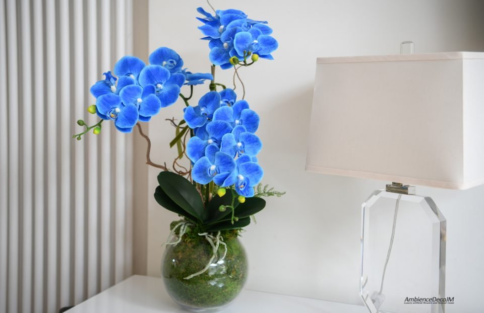 Faux Blue Orchids in a fishbowl