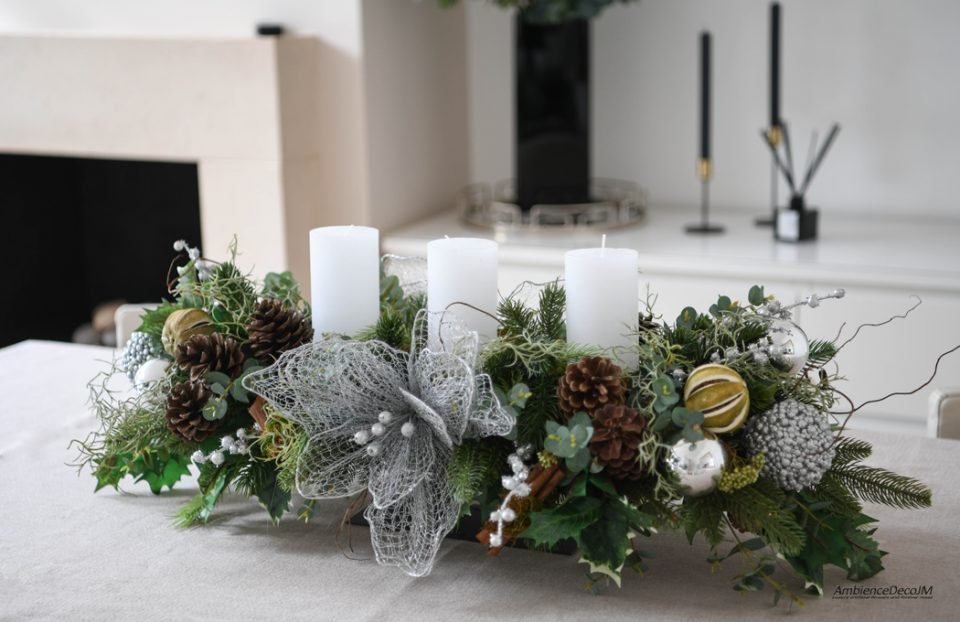 Christmas dining table arrangement with candles