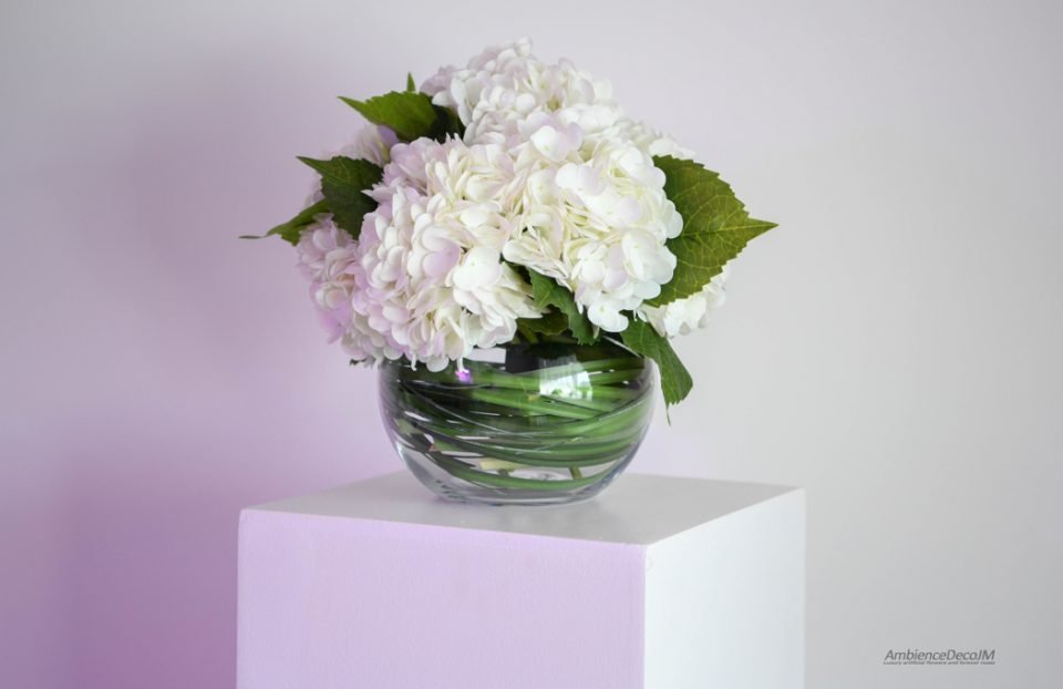 Real Touch Hydrangeas in Glass bowl
