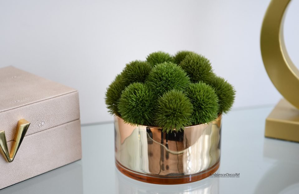 Green Dianthus in Gold Bowl