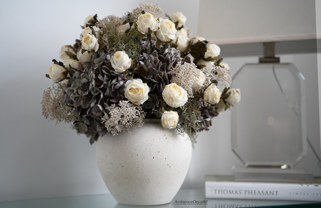 Grey Hydrangea and White Rose Arrangement – Neutral Luxury Floral Centerpiece