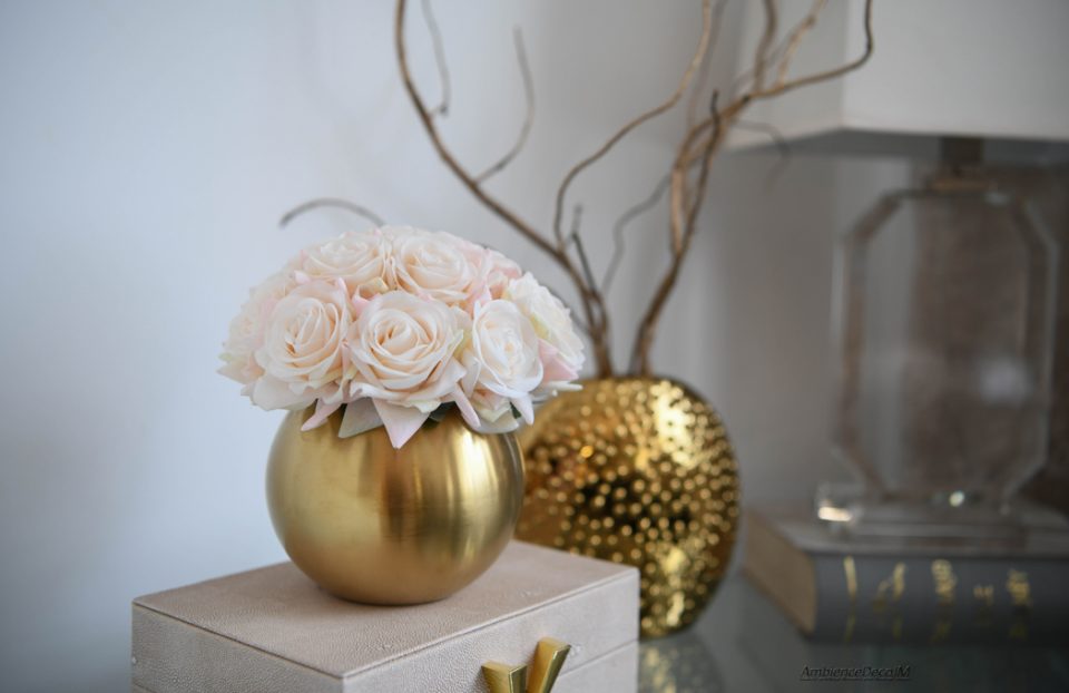Real touch champagne rose arrangement in gold vase small luxury faux flowers for coffee table decor