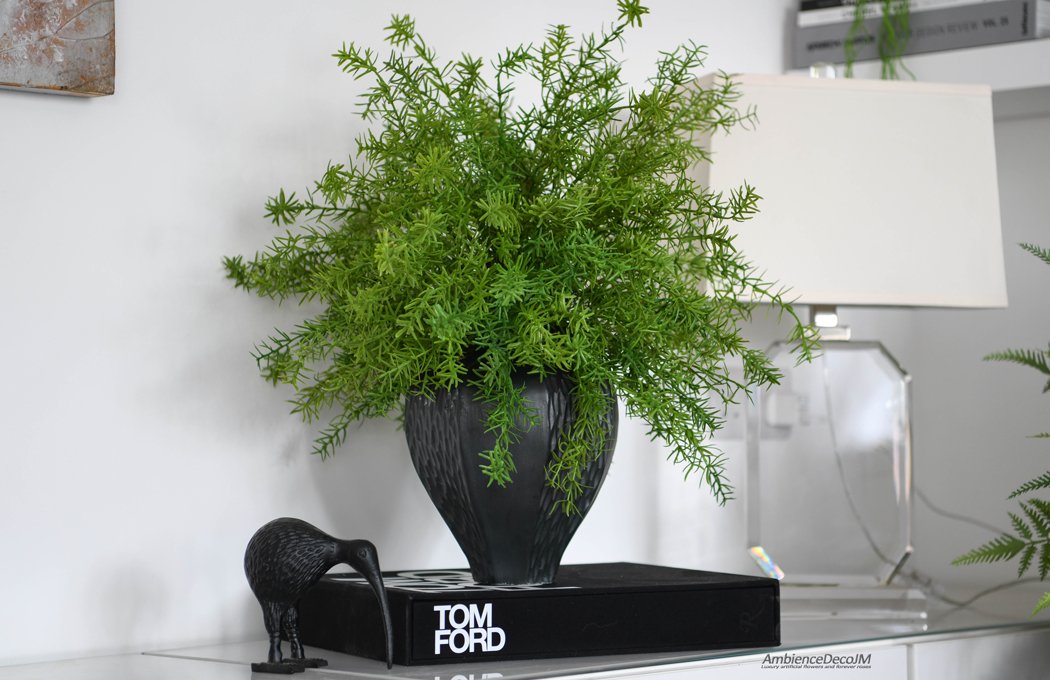 Real Touch Asparagus Fern in Black Ceramic Vase