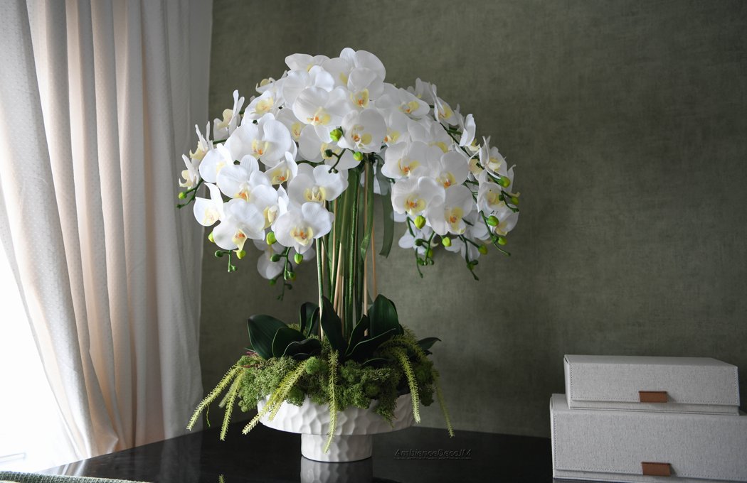 Luxury Faux White Orchid Arrangement in Pedestal Bowl