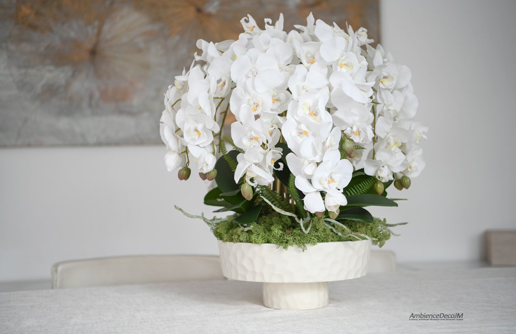 Luxury White Artificial Orchid Arrangement in Designer Pedestal Bowl