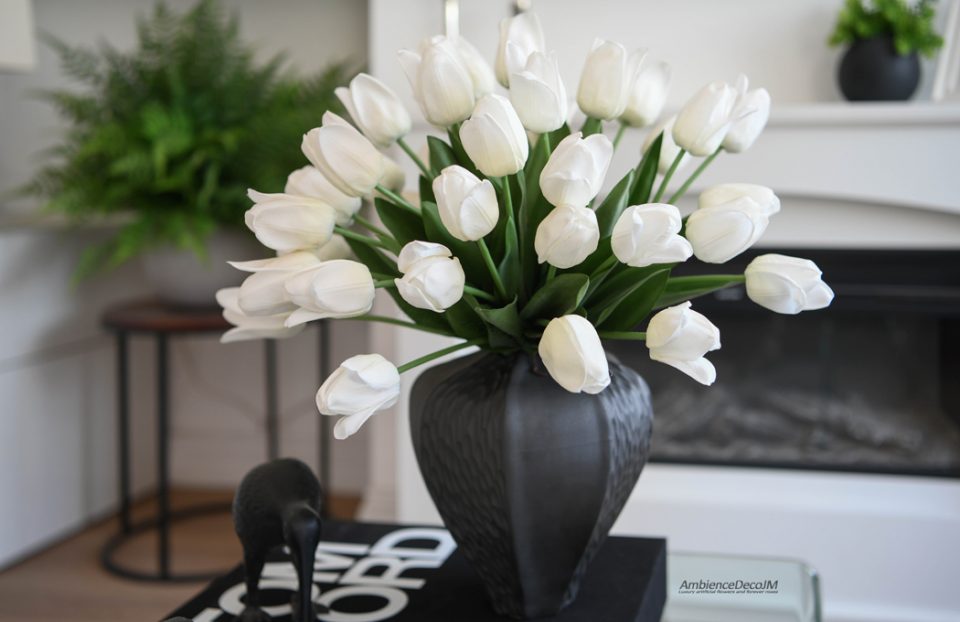 Luxury Real Touch White Tulip Arrangement in Black Vase