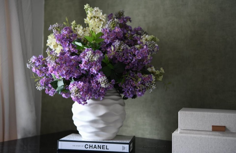 Luxury Faux Lilac Arrangement | Premium Real Touch Artificial Lilacs in White Ceramic Vase