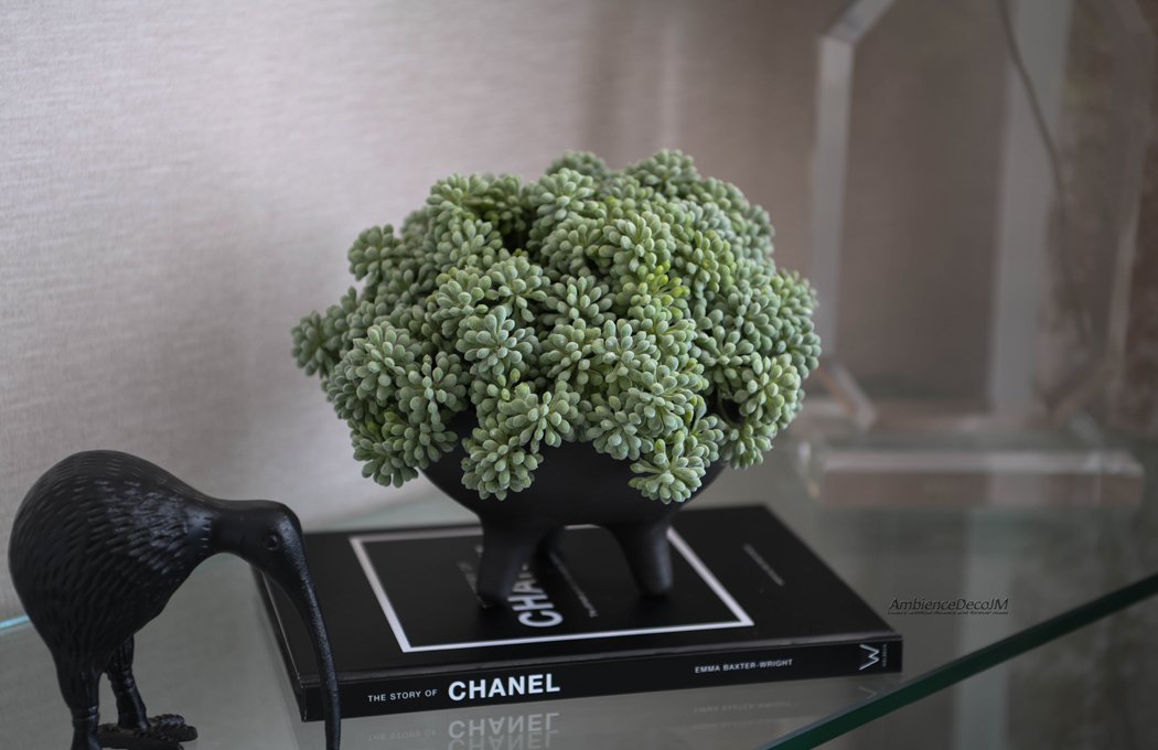 Luxury artificial succulent arrangement with sage-green foliage in a black footed bowl