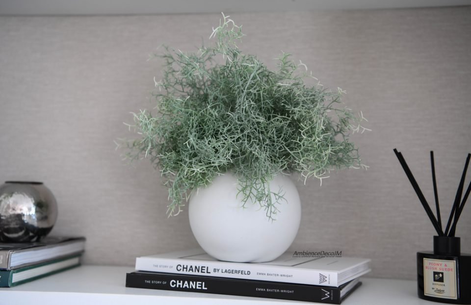 Luxury artificial Spanish moss arrangement with trailing silvery-green foliage in a white ceramic bowl