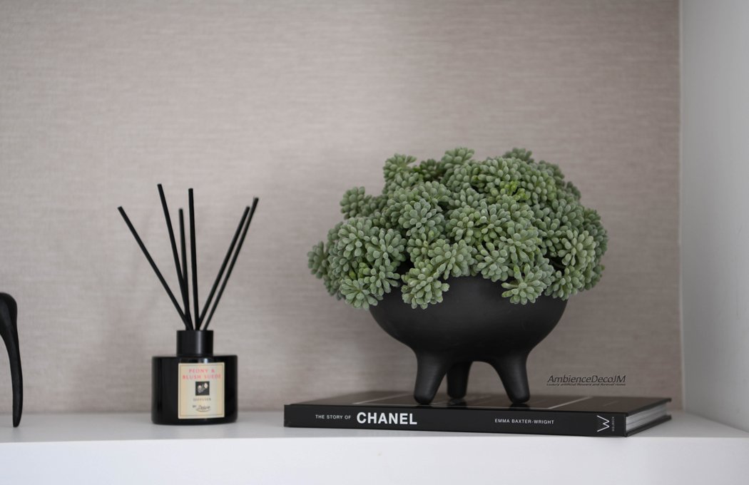 Luxury artificial succulent arrangement with sage-green foliage in a black footed bowl
