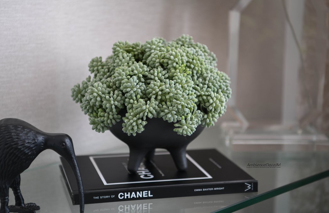 Luxury artificial succulent arrangement with sage-green foliage in a black footed bowl