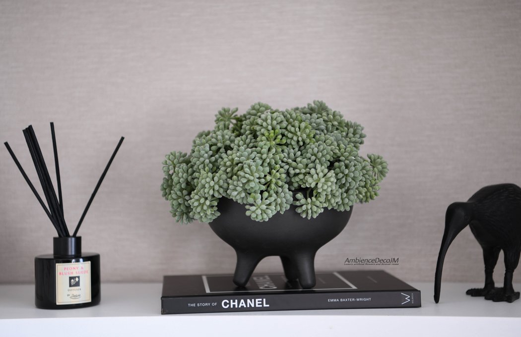 Luxury artificial succulent arrangement with sage-green foliage in a black footed bowl