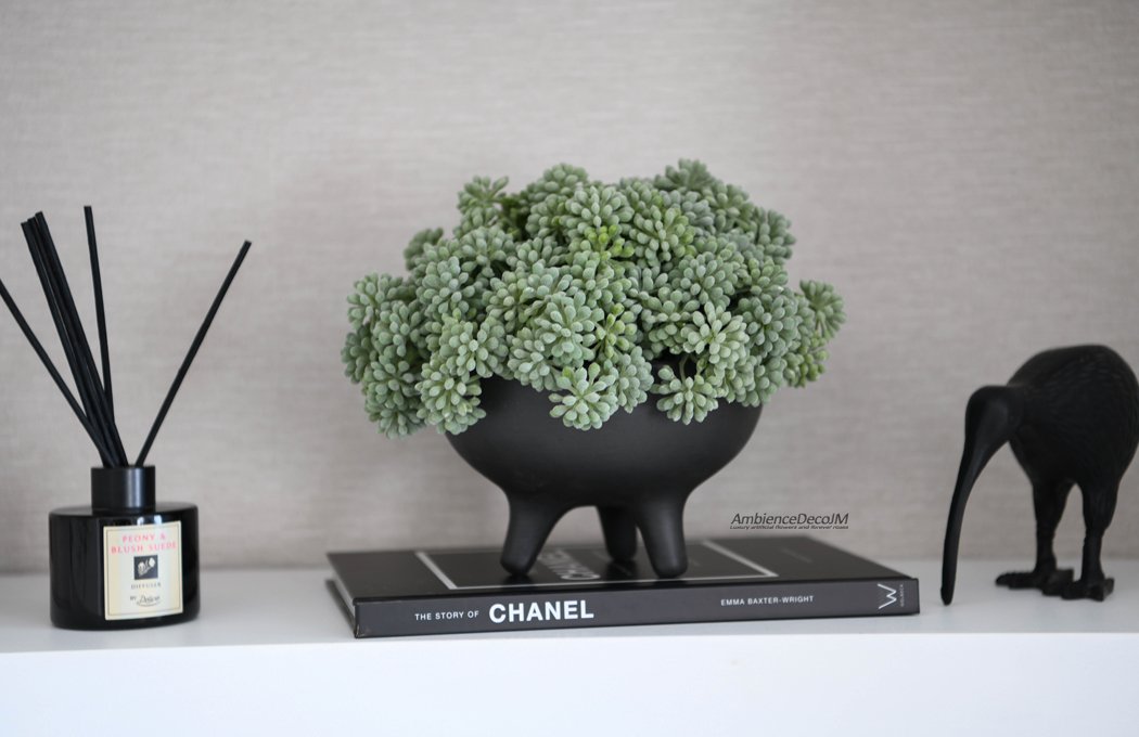 Luxury artificial succulent arrangement with sage-green foliage in a black footed bowl