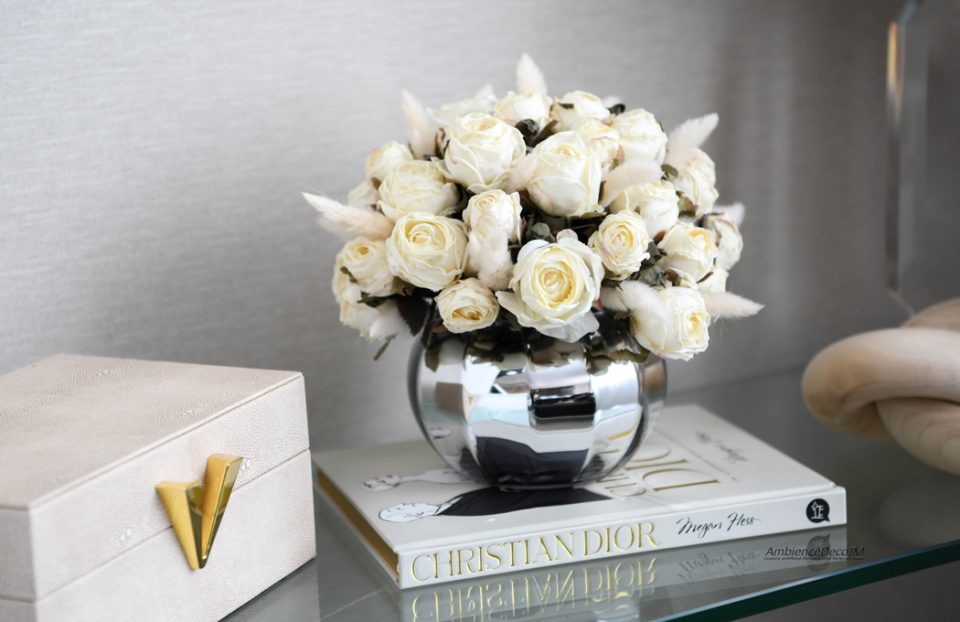 Vintage artificial cream roses with dried look effect in a reflective silver globe vase by AmbienceDecoJM